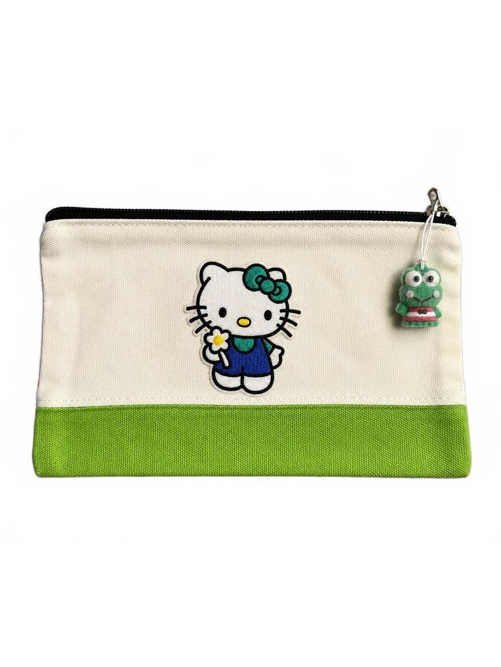 Hello Kitty Canvas Makeup Bag Zipper Cosmetic Pouch Cream & Lime Green